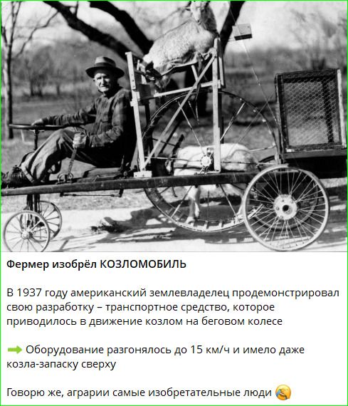 Фермер изобрёл КОЗЛОМОБИЛЬ В 1937 году американский землевладелец продемонстрировал свою разработку – транспортное средство, которое приводилось в движение козлом на беговом колесе Оборудование разгонялось до 15 км/ч и имело даже козла-запаску сверху Говорю же, аграрии самые изобретательные люди