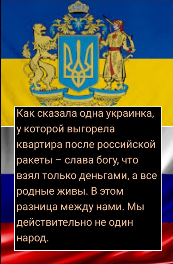 Как сказала одна украинка, у которой выгорела квартира после российской ракеты – слава богу, что взял только деньгами, а все родные живы. В этом разница между нами. Мы действительно не один народ.
