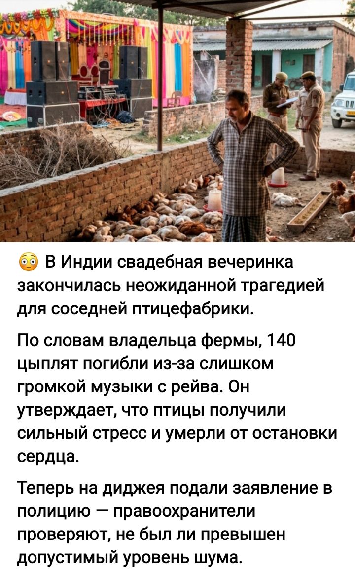 В Индии свадебная вечеринка закончилась неожиданной трагедией для соседней птицефабрики. По словам владельца фермы, 140 цыплят погибли из-за слишком громкой музыки с рейва. Он утверждает, что птицы получили сильный стресс и умерли от остановок сердца. Теперь на диджея подали заявление в полицию — правоохранители проверяют, не был ли превышен