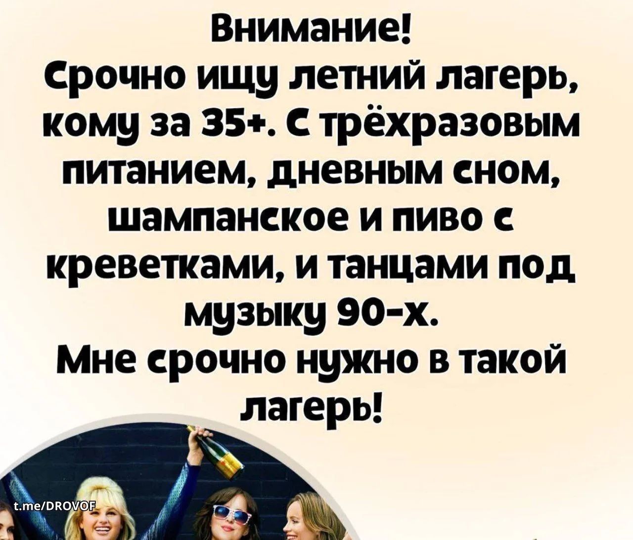 Внимание! Срочно ищу летний лагерь, кому за 35+. С трёхразовым питанием, дневным сном, шампанское и пиво с креветками, и танцами под музыку 90-х. Мне срочно нужно в такой лагерь!