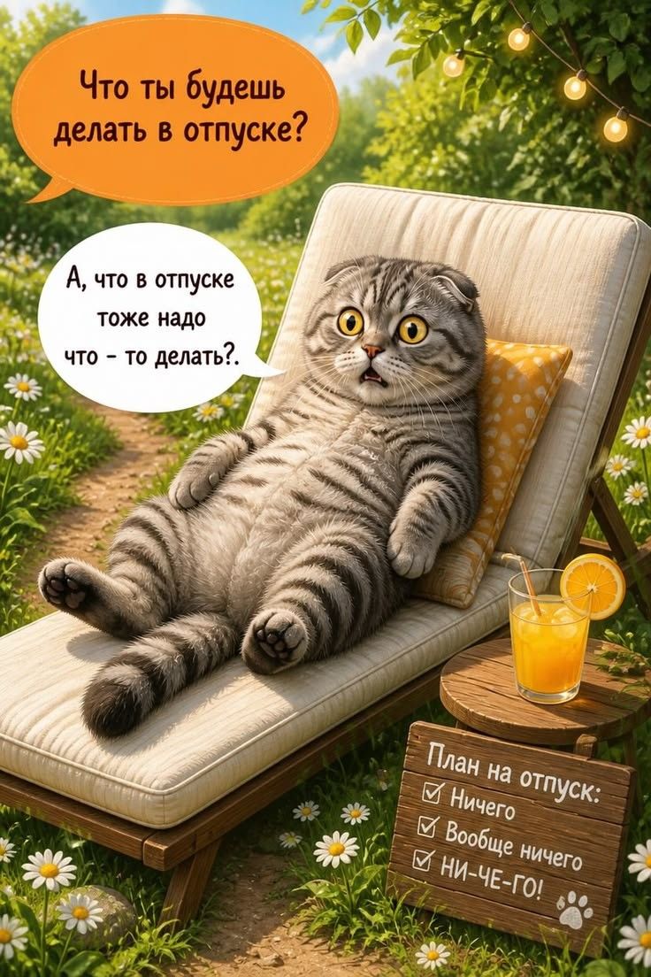 Что ты будешь делать в отпуске? А, что в отпуске тоже надо что-то делать? План на отпуск: Ничего Вообще ничего НИ-ЧЕ-ГО!