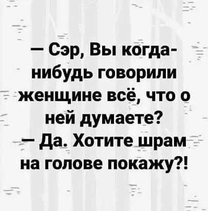 — Сэр, Вы когда-нибудь говорили женщине всё, что о ней думаете? — Да. Хотите шрам на голове покажу?!