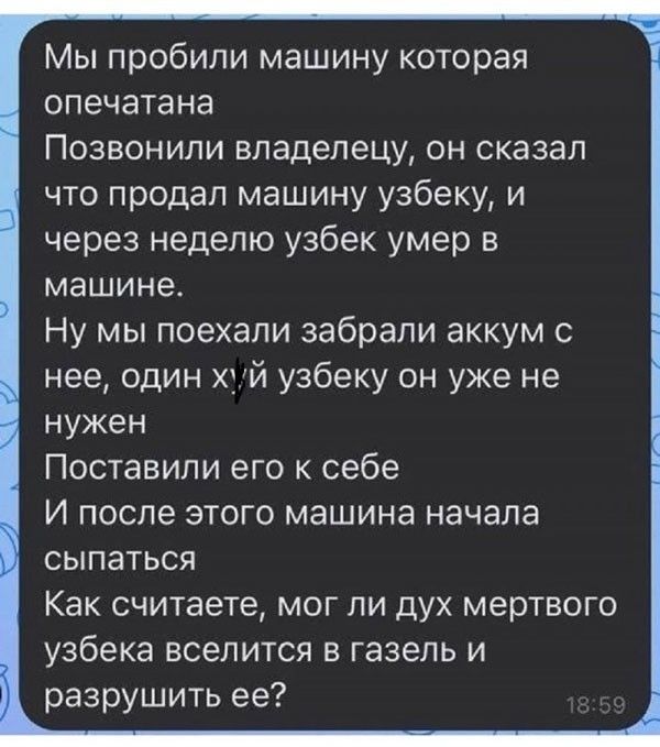 Мы пробили машину которая опечатана Позвонили владельцу, он сказал что продал машину узбеку, и через неделю узбек умер в машине. Ну мы поехали забрали аккум с нее, один хуй узбеку он уже не нужен Поставили его к себе И после этого машина начала сыпаться Как считаете, мог ли дух мертвого узбека вселиться в газель и разрушить ее?