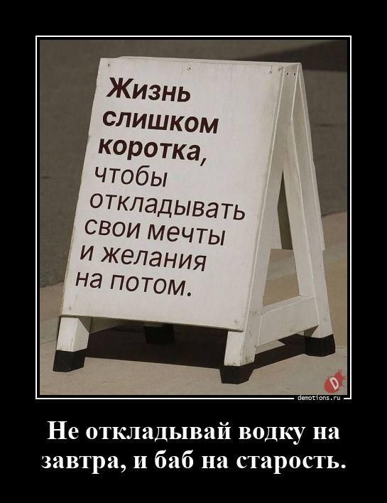 Жизнь слишком коротка, чтобы откладывать свои мечты и желания на потом. Не откладывай водку на завтра, и баб на старость.