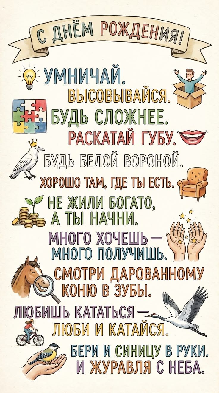 С ДНЁМ РОЖДЕНИЯ! УМНИЧАЙ. ВЫСОВЫВАЙСЯ. БУДЬ СЛОЖНЕЕ. РАСКАТАЙ ГУБУ. БУДЬ БЕЛОЙ ВОРОНОЙ. ХОРОШО ТАМ, ГДЕ ТЫ ЕСТЬ. НЕ ЖИЛИ БОГАТО, А ТЫ НАЧНИ. МНОГО ХОЧЕШЬ — МНОГО ПОЛУЧИШЬ. СМОТРИ ДАРОВАННОМУ КОНЮ В ЗУБЫ. ЛЮБИШЬ КАТАТЬСЯ — ЛЮБИ И КАТАЙСЯ. БЕРИ И СИНИЦУ В РУКИ. И ЖУРАВЛЯ С НЕБА.