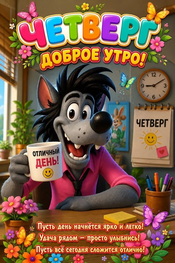 ЧЕТВЕРГ ДОБРОЕ УТРО! ОТЛИЧНЫЙ ДЕНЬ! ЧЕТВЕРГ Пусть день начнётся ярко и легко! Удача рядом — просто улыбнись! Пусть всё сегодня сложится отлично!