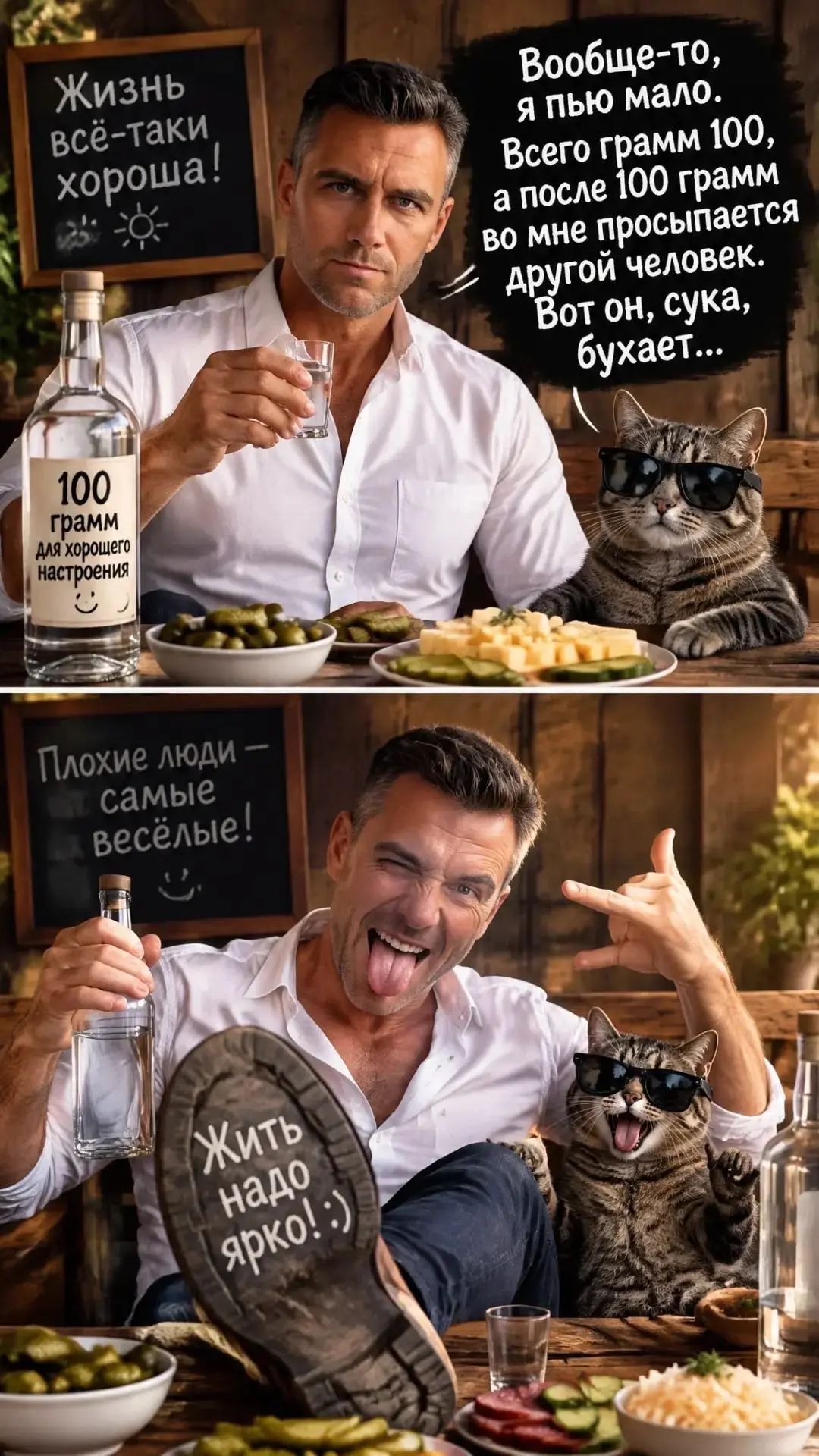 Жизнь всё-таки хороша! 100 грамм для хорошего настроения. Вообще-то, я пью мало. Всего грамм 100, а после 100 грамм во мне просыпается другой человек. Вот он, сука, бухает... Плохие люди — самые весёлые! Жить надо ярко! :)