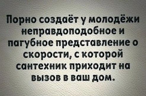 Порно создаёт у молодёжи неправдоподобное и пагубное представление о скорости, с которой сантехник приходит на вызов в ваш дом.