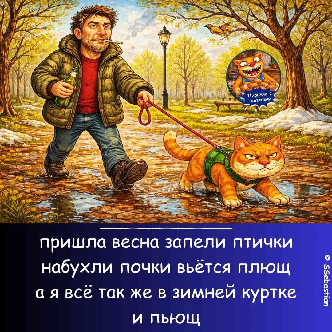пришла весна запели птички набухли почки вьётся плющ а я всё так же в зимней куртке и пьющ Пирожки с котятами