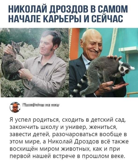 НИКОЛАЙ ДРОЗДОВ В САМОМ НАЧАЛЕ КАРЬЕРЫ И СЕЙЧАС. Я успел родиться, сходить в детский сад, закончить школу и универ, жениться, завести детей, разочароваться вообще в этом мире, а Николай Дроздов всё также восхищён миром животных, как и при первой нашей встрече в прошлом веке.