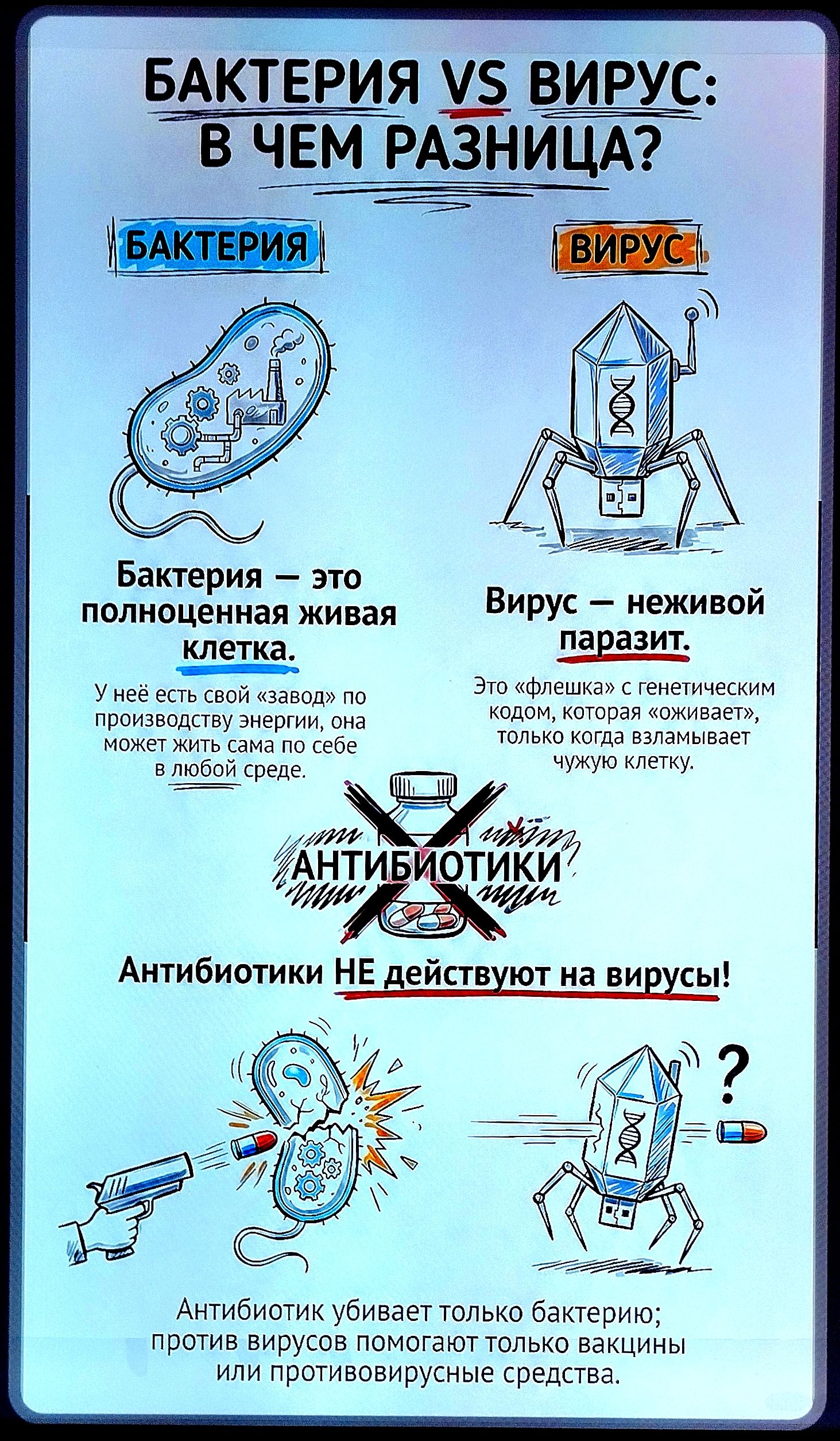 БАКТЕРИЯ VS ВИРУС: В ЧЕМ РАЗНИЦА? БАКТЕРИЯ ВИРУС Бактерия — это полноценная живая клетка. У неё есть свой «завод» по производству энергии, она может жить сама по себе в любой среде. Вирус — неживой паразит. Это «флешка» с генетическим кодом, которая «оживает», только когда взламывает чужую клетку. АНТИБИОТИКИ Антибиотики НЕ действуют на вирусы!