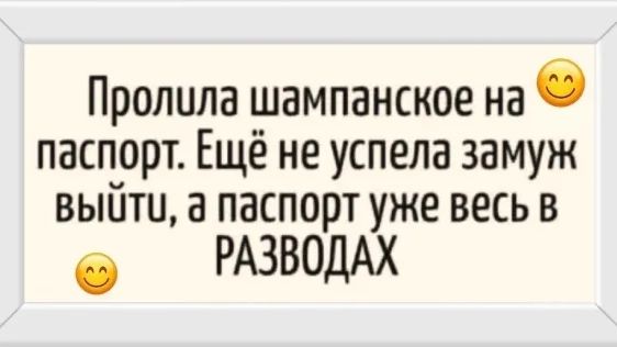 Пролила шампанское на паспорт. Ещё не успела замуж выйти, а паспорт уже весь в РАЗВОДАХ