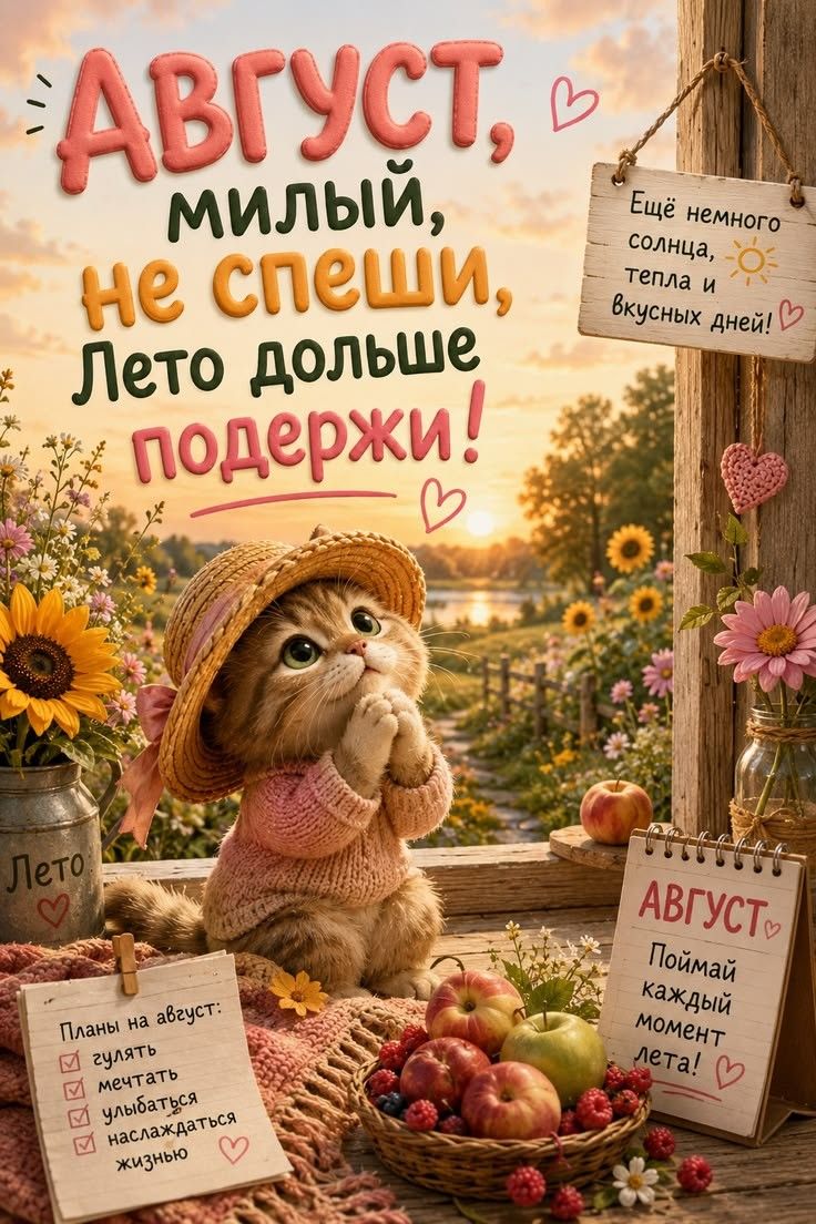 Август, милый, не спеши, Лето дольше подержи! Ещё немного солнца, тепла и вкусных дней! Планы на август: гулять, мечтать, улыбаться, наслаждаться жизнью. Август. Поймай каждый момент лета!