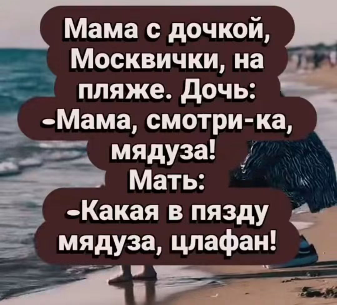 Мама с дочкой, москвички, на пляже. Дочь: - Мама, смотри-ка, мядуза! Мать: - Какая в пязду мядуза, цлафан!