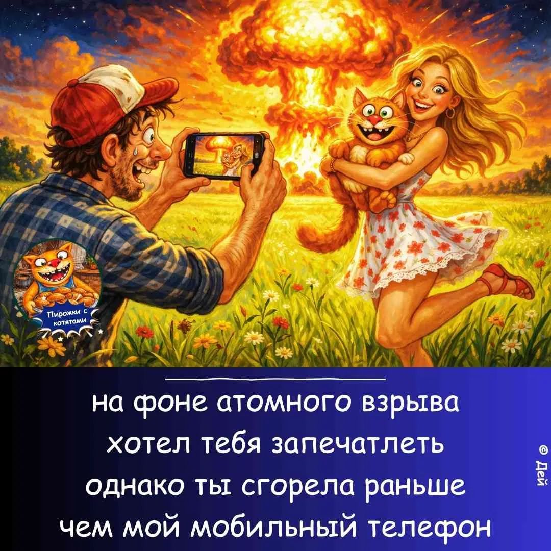 на фоне атомного взрыва хотел тебя запечатлеть однако ты сгорела раньше чем мой мобильный телефон Пирожки с котятами © Дей