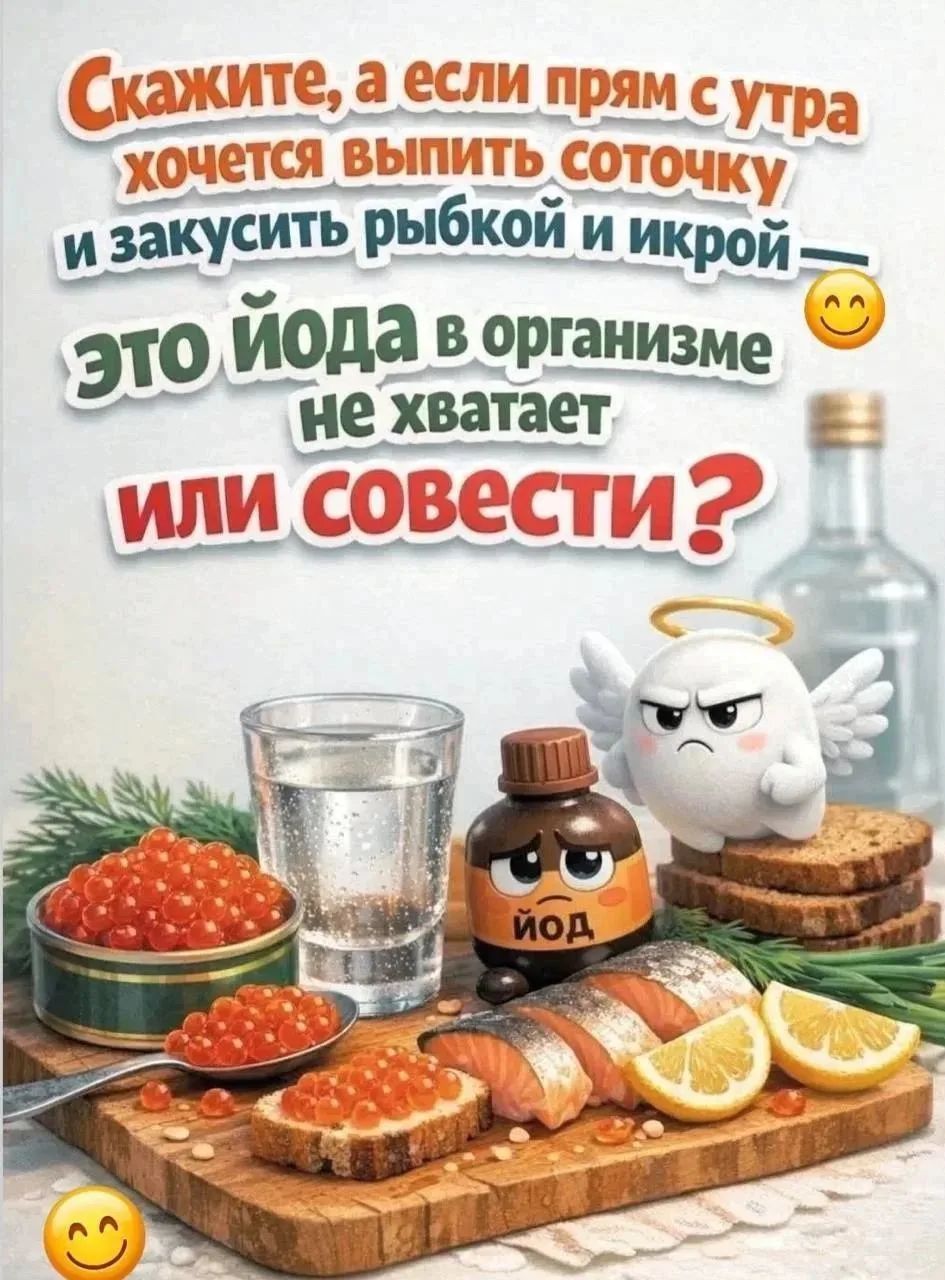 Скажите, а если прям с утра хочется выпить соточку и закусить рыбкой и икрой — это йода в организме не хватает или совести?
