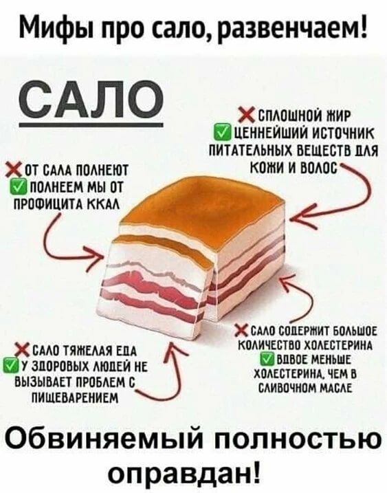 Мифы про сало, развенчаем! САЛО. От сала полнеют -> полнеем мы от профицита ккал. Сплошной жир -> ценнейший источник питательных веществ для кожи и волос. Сало содержит большое количество холестерина -> вдвое меньше холестерина, чем в сливочном масле. Сало тяжелая еда -> у здоровых людей не вызывает проблем с пищеварением. Обвиняемый полностью