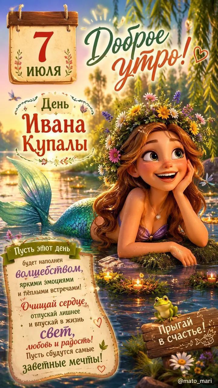 7 ИЮЛЯ Доброе утро! День Ивана Купалы Пусть этот день будет наполнен волшебством, яркими эмоциями и тёплыми встречами! Очищай сердце, отпускай лишнее и впускай в жизнь свет, любовь и радость! Пусть сбудутся самые заветные мечты! Прыгай в счастье! @mato_mari