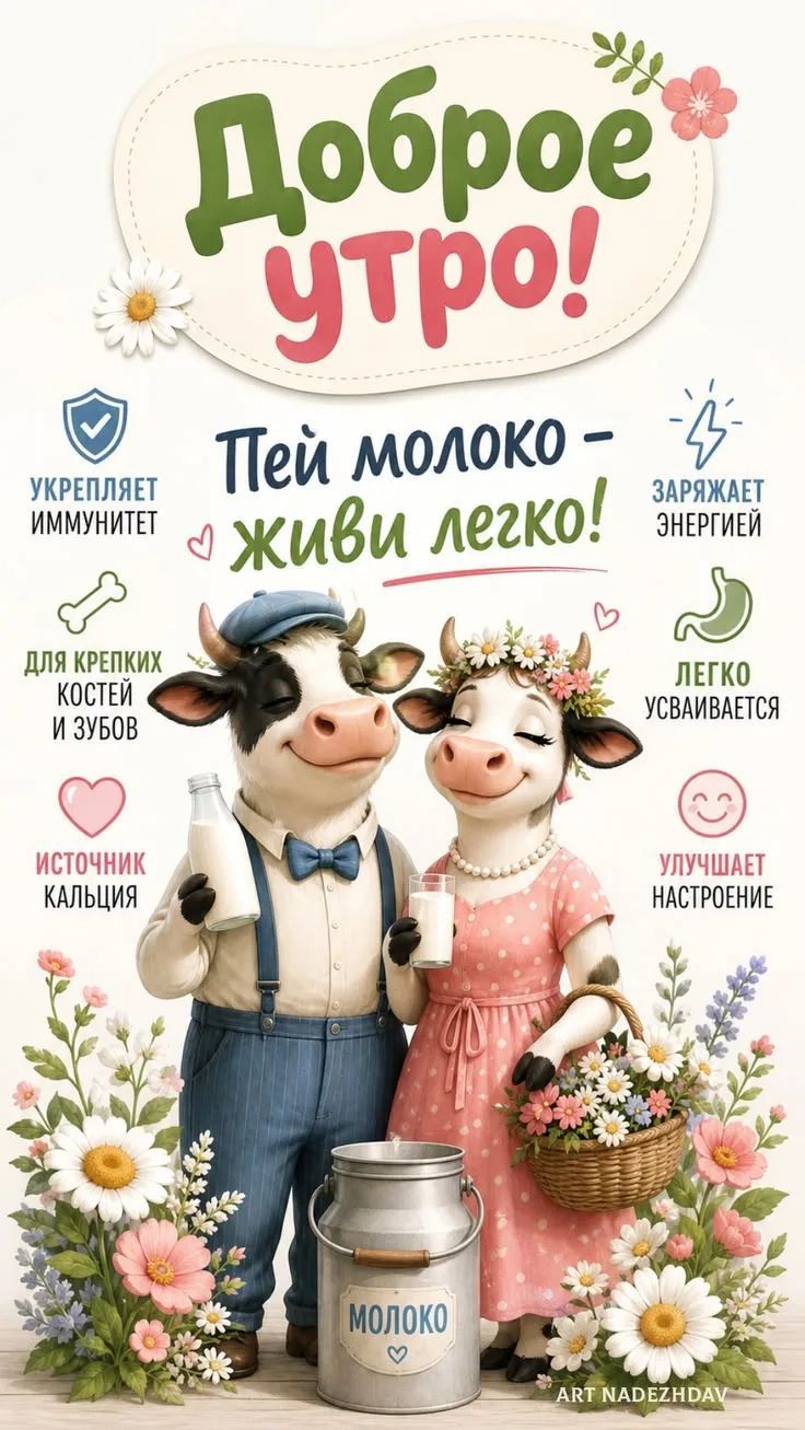Доброе утро! Пей молоко - живи легко! Укрепляет иммунитет, заряжает энергией, для крепких костей и зубов, легко усваивается, источник кальция, улучшает настроение. МОЛОКО