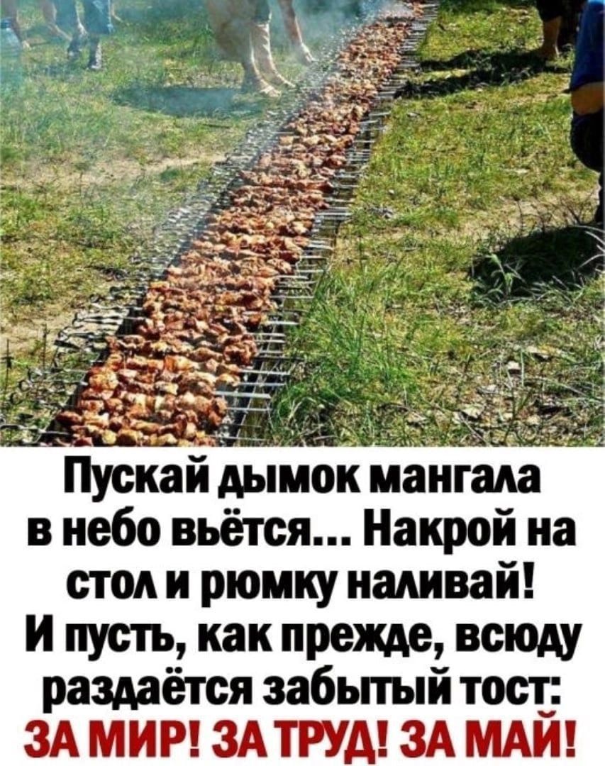 Пускай дымок мангала в небо вьётся... Накрой на стол и рюмку наливай! И пусть, как прежде, всюду раздаётся забытый тост: ЗА МИР! ЗА ТРУД! ЗА МАЙ!