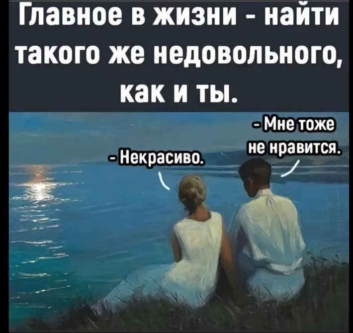 Главное в жизни - найти такого же недовольного, как и ты. - Некрасиво. - Мне тоже не нравится.