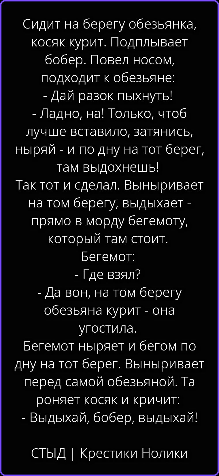 Сидит на берегу обезьянка, косяк курит. Подплывает бобер. Повел носом, подходит к обезьяне: - Дай разок пыхнуть! - Ладно, на! Только, чтоб лучше вставило, затянись, ныряй - и по дну на тот берег, там выдохнешь! Так тот и сделал. Выныривает на том берегу, выдыхает - прямо в морду бегемоту, который там стоит. Бегемот: - Где взял? - Да вон, на том