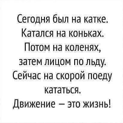 Сегодня был на катке. Катался на коньках. Потом на коленях, затем лицом по льду. Сейчас на скорой поеду кататься. Движение — это жизнь!