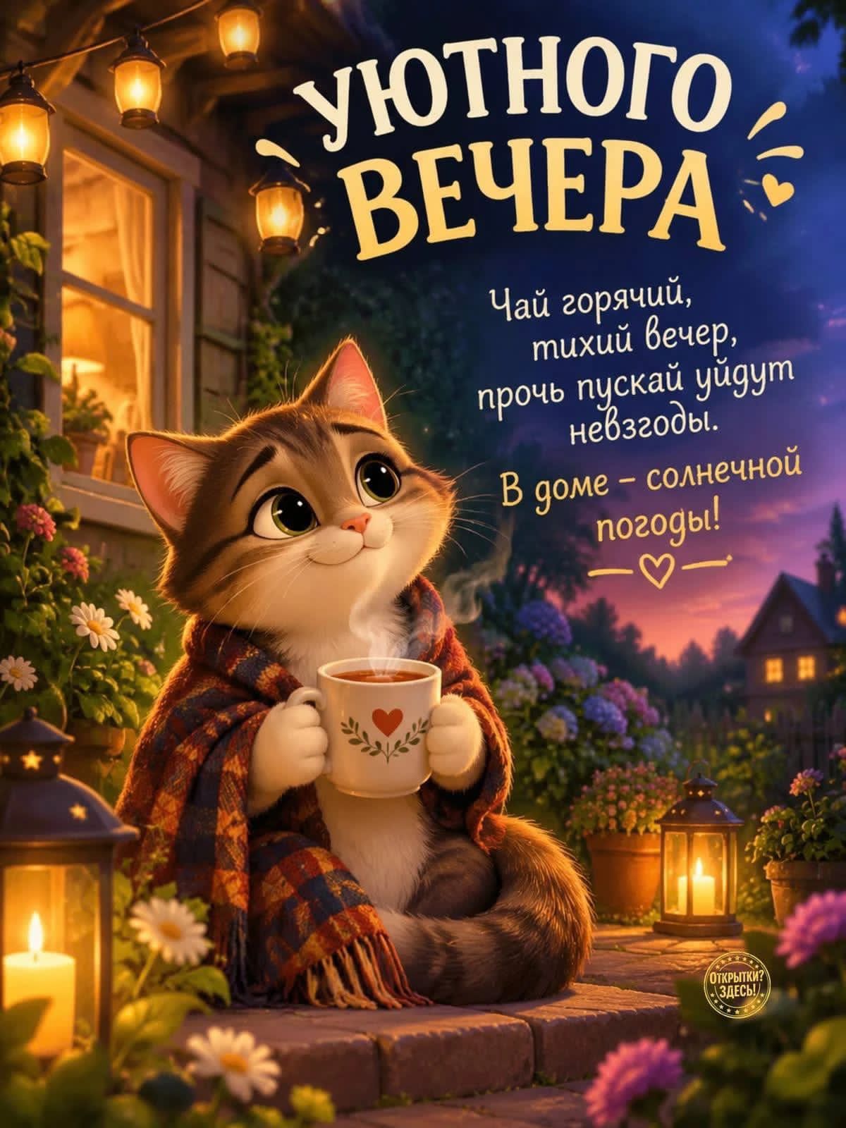 Уютного вечера. Чай горячий, тихий вечер, прочь пускай уйдут невзгоды. В доме — солнечной погоды!