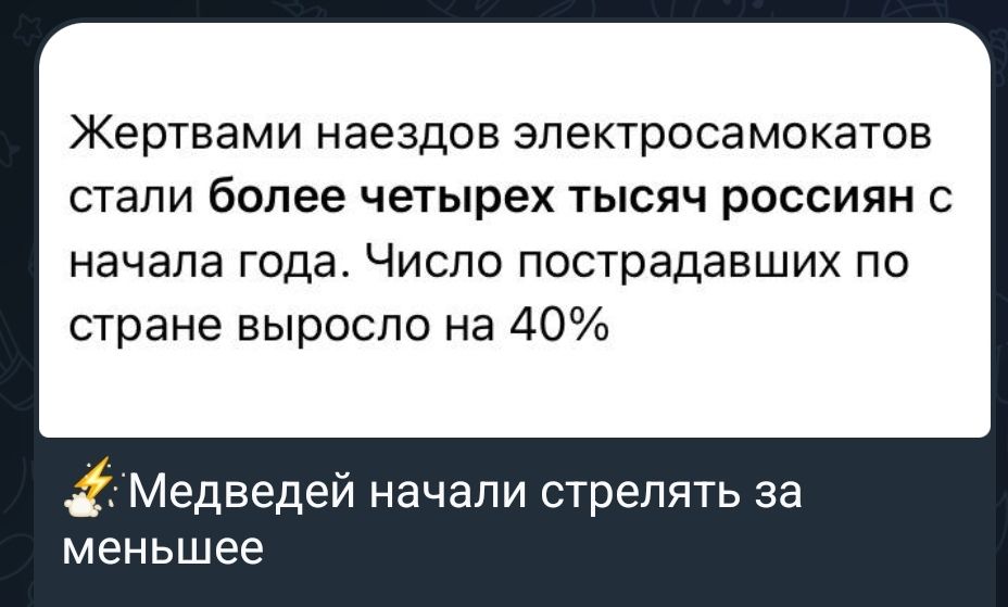 Жертвами наездов электросамокатов стали более четырех тысяч россиян с начала года. Число пострадавших по стране выросло на 40% Медведей начали стрелять за меньшее