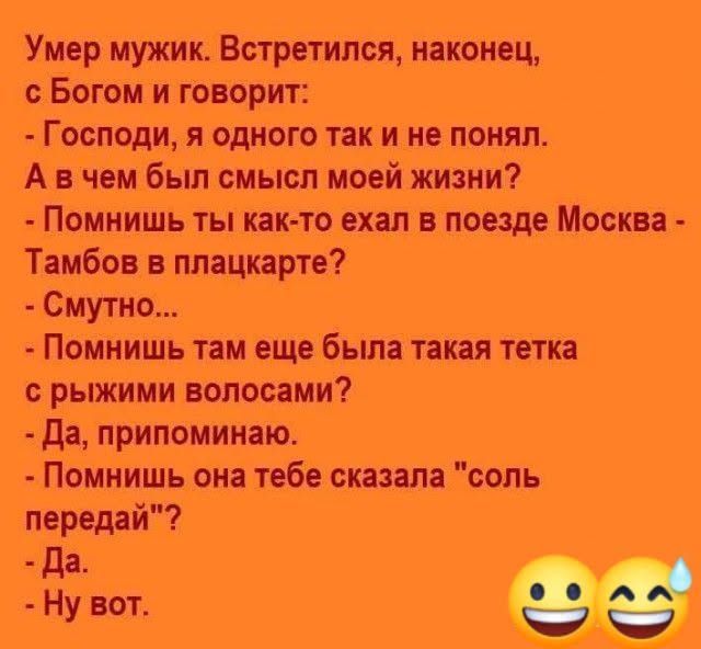 Умер мужик. Встретился, наконец, с Богом и говорит:
- Господи, я одного так и не понял. А в чем был смысл моей жизни?
- Помнишь ты как-то ехал в поезде Москва - Тамбов в плацкарте?
- Смутно...
- Помнишь там еще была такая тетка с рыжими волосами?
- Да, припоминаю.
- Помнишь она тебе сказала 