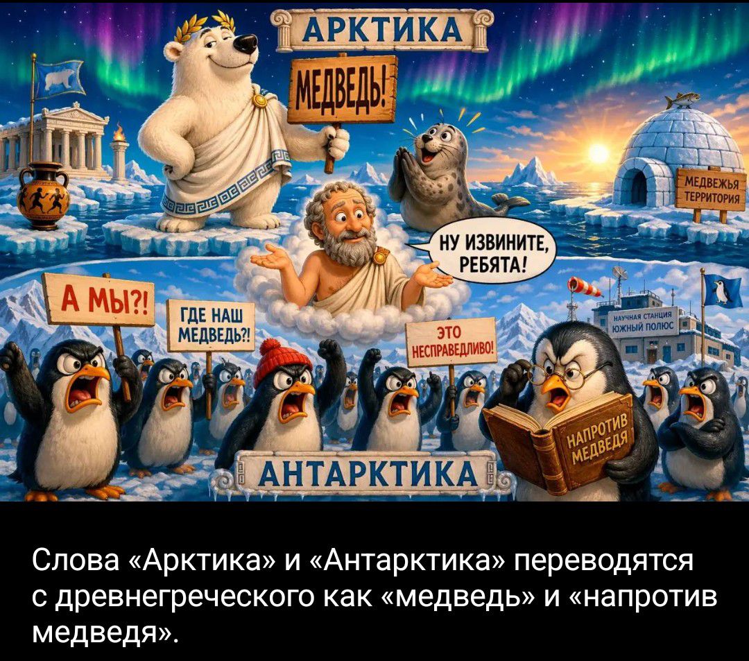 АРКТИКА МЕДВЕДЬ! МЕДВЕЖЬЯ ТЕРРИТОРИЯ НУ ИЗВИНИТЕ, РЕБЯТА! ЭТО НЕСПРАВЕДЛИВО! А МЫ?! ГДЕ НАШ МЕДВЕДЬ?! НАУЧНАЯ СТАНЦИЯ ЮЖНЫЙ ПОЛЮС АНТАРКТИКА НАПРОТИВ МЕДВЕДЯ Слова «Арктика» и «Антарктика» переводятся с древнегреческого как «медведь» и «напротив медведя».