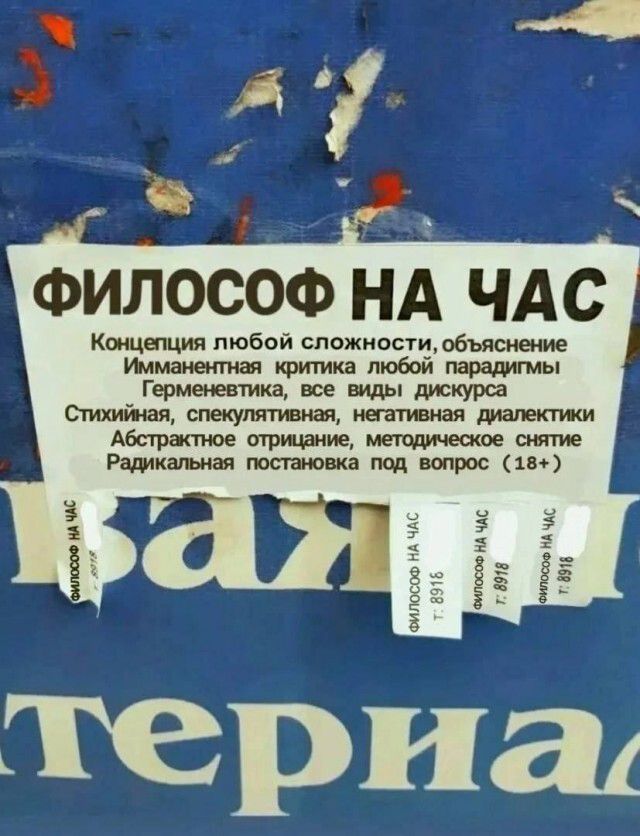 ФИЛОСОФ НА ЧАС Концепция любой сложности, объяснение Имманентная критика любой парадигмы Герменевтика, все виды дискурса Стихийная, спекулятивная, негативная диалектики Абстрактное отрицание, методическое снятие Радикальная постановка под вопрос (18+) ФИЛОСОФ НА ЧАС Т: 8918