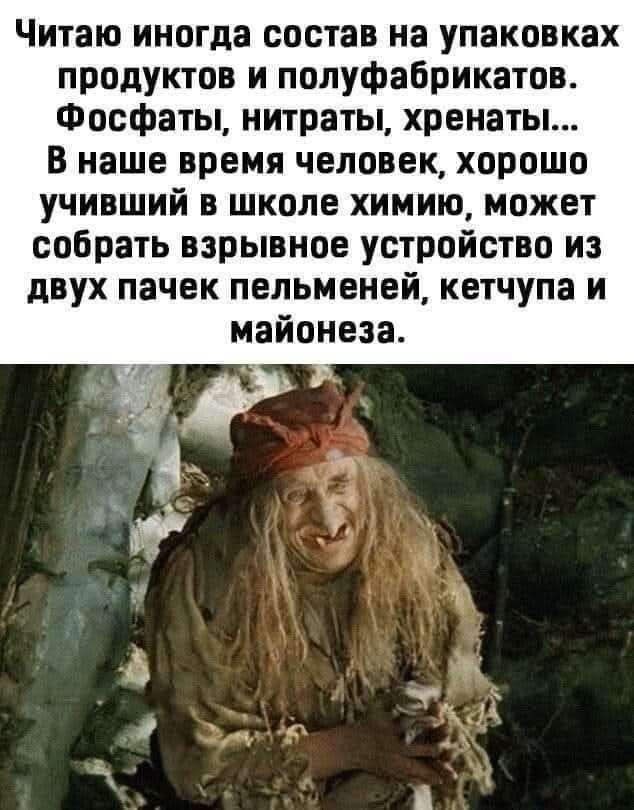 Читаю иногда состав на упаковках продуктов и полуфабрикатов. Фосфаты, нитраты, хренаты... В наше время человек, хорошо учивший в школе химию, может собрать взрывное устройство из двух пачек пельменей, кетчупа и майонеза.