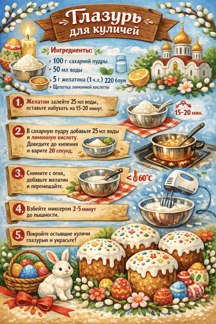 Глазурь для куличей Ингредиенты: • 100 г сахарной пудры • 50 мл воды • 5 г желатина (1 ч.л.) 220 блум • Щепотка лимонной кислоты 1. Желатин залейте 25 мл воды, оставьте набухать на 15-20 минут. 2. В сахарную пудру добавьте 25 мл воды и лимонную кислоту. Доведите до кипения и варите 20 секунд. 3. Снимите с огня, добавьте желатин и перемешайте. <