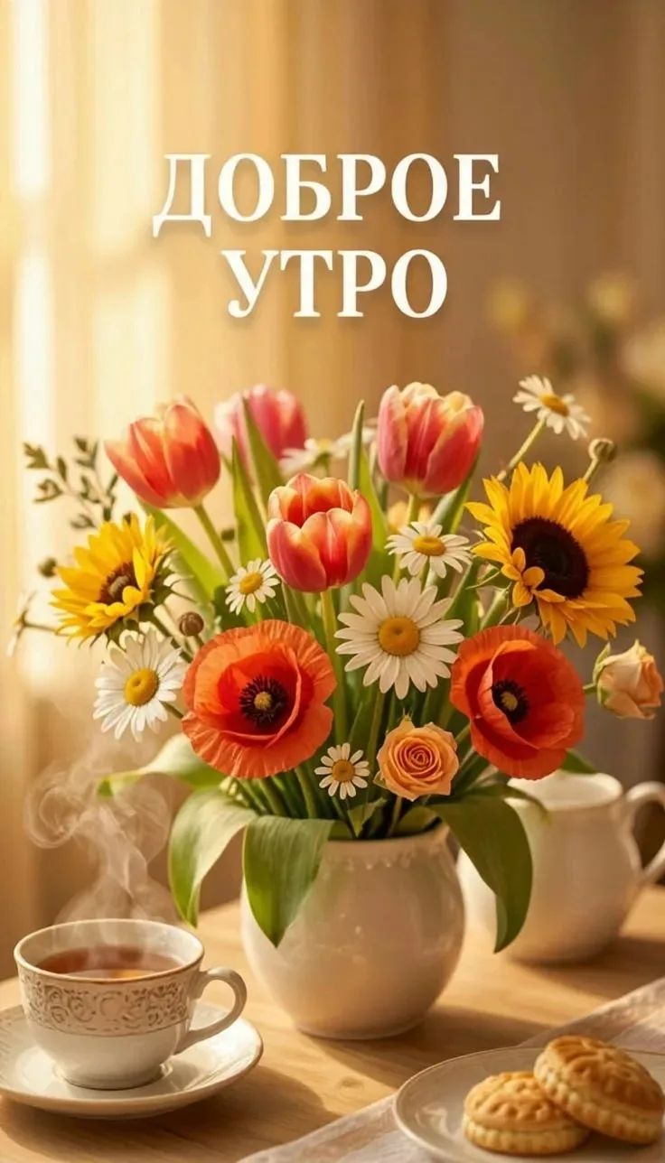 ДОБРОЕ УТРО. Букет цветов, чашка чая, печенье.