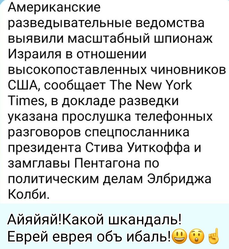 Американские разведывательные ведомства выявили масштабный шпионаж Израиля в отношении высокопоставленных чиновников США, сообщает The New York Times, в докладе разведки указана прослушка телефонных разговоров спецпосланника президента Стива Уиткоффа и замглавы Пентагона по политическим делам Элбриджа Колби. Айяйяй! Какой шкандаль! Еврей еврея объ