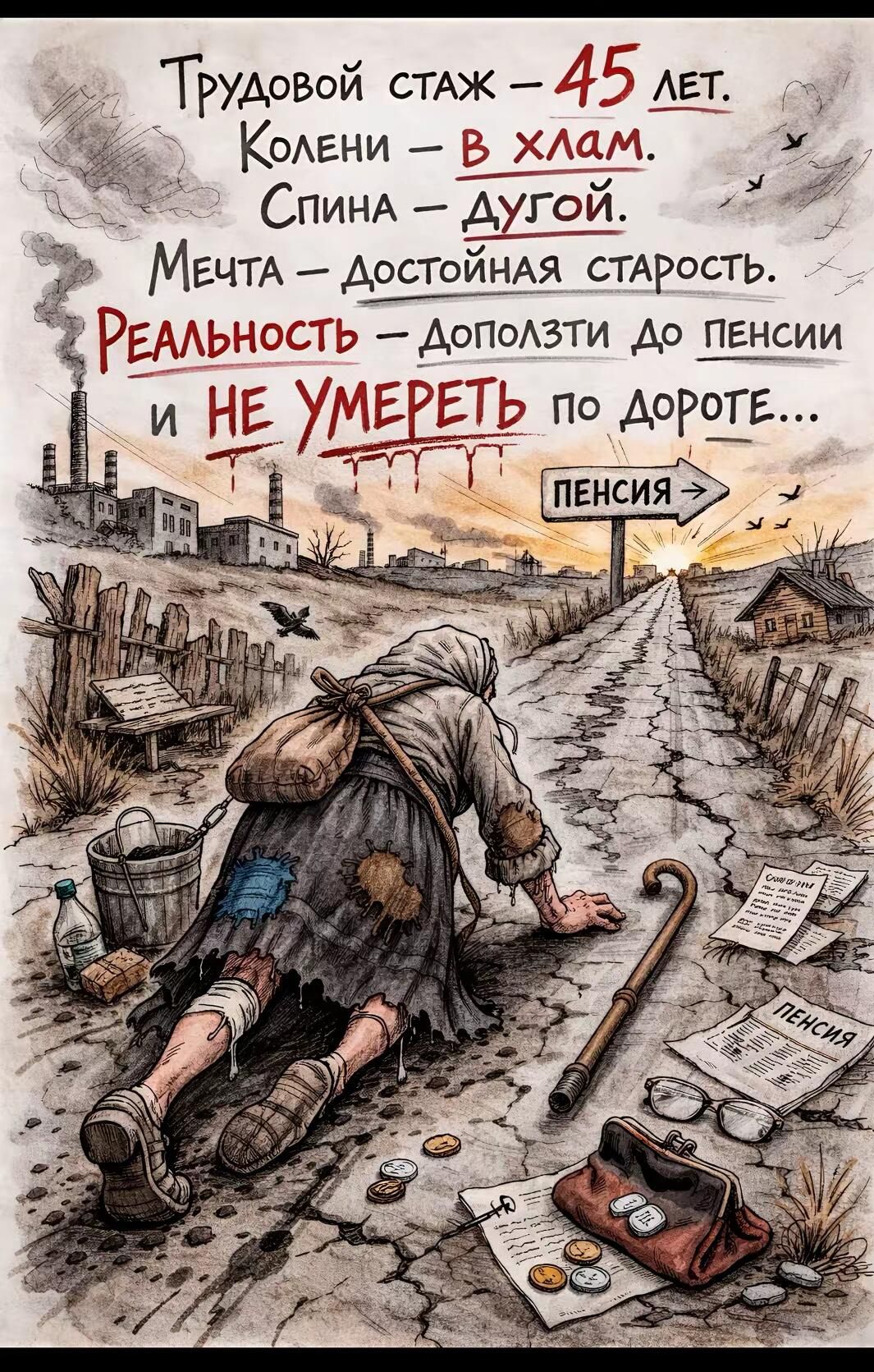 Трудовой стаж – 45 лет. Колени – в хлам. Спина – дугой. Мечта – достойная старость. Реальность – доползти до пенсии и не умереть по дороге... ПЕНСИЯ ->
