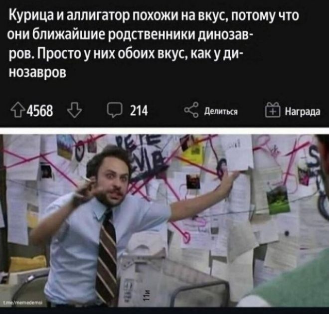 Курица и аллигатор похожи на вкус, потому что они ближайшие родственники динозавров. Просто у них обоих вкус, как у динозавров
