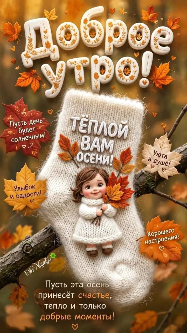 Доброе утро! Тёплой вам осени! Пусть день будет солнечным! Уюта в душе! Улыбок и радости! Хорошего настроения! Пусть эта осень принесёт счастье, тепло и только добрые моменты!