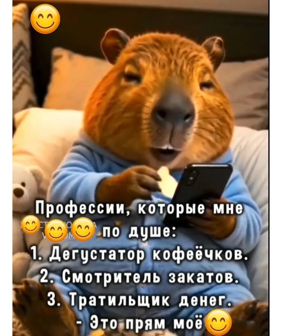 Профессии, которые мне 😊😊😊 по душе:
1. Дегустатор кофеёчков.
2. Смотритель закатов.
3. Тратилщик денег.
- Это прям моё 😊