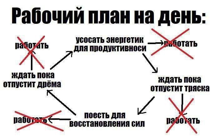 Рабочий план на день: работать ждать пока отпустит дрёма усосать энергетик для продуктивноси работать ждать пока отпустит тряска работать поесть для восстановления сил работать