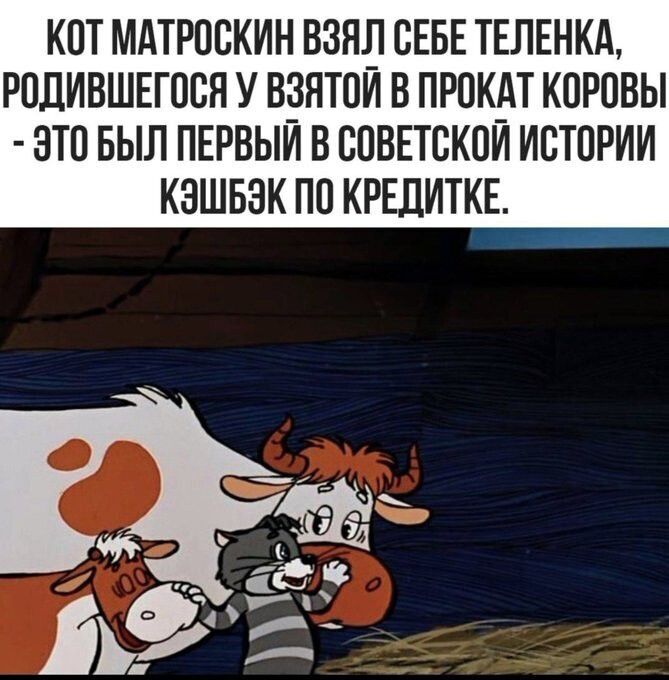 КОТ МАТРОСКИН ВЗЯЛ СЕБЕ ТЕЛЕНКА, РОДИВШЕГОСЯ У ВЗЯТОЙ В ПРОКАТ КОРОВЫ - ЭТО БЫЛ ПЕРВЫЙ В СОВЕТСКОЙ ИСТОРИИ КЭШБЭК ПО КРЕДИТКЕ.