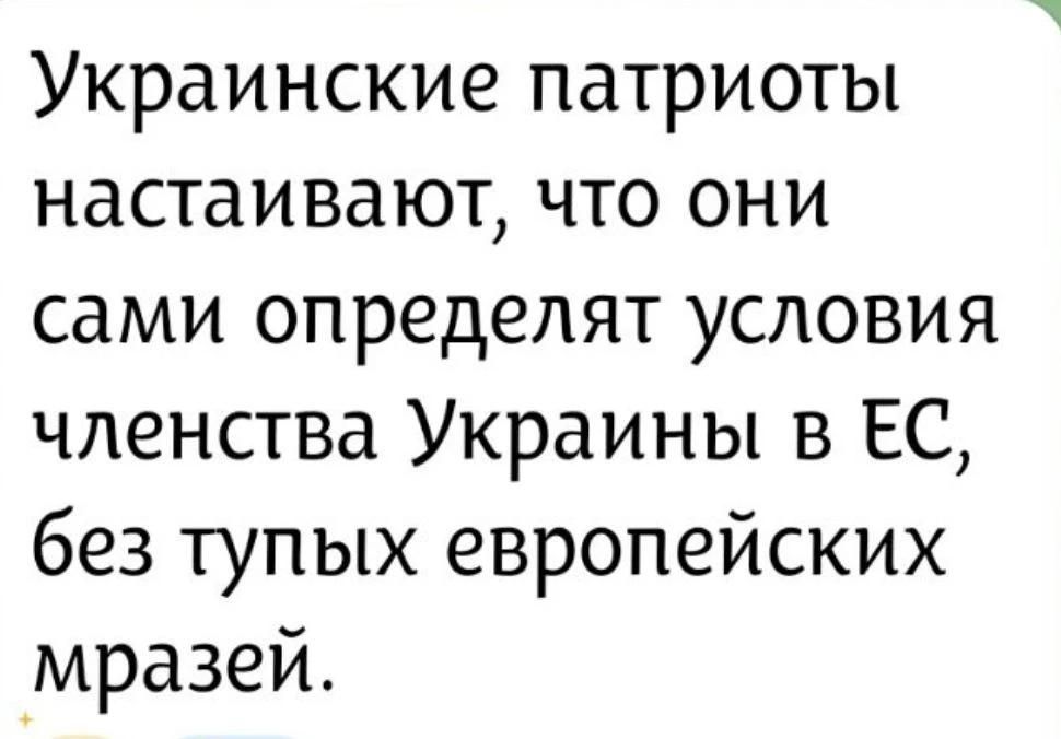 Украинские патриоты настаивают, что они сами определят условия членства Украины в ЕС, без тупых европейских мразей.