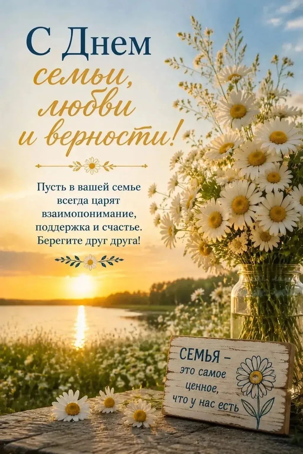 С Днем семьи, любви и верности! Пусть в вашей семье всегда царят взаимопонимание, поддержка и счастье. Берегите друг друга! СЕМЬЯ - это самое ценное, что у нас есть