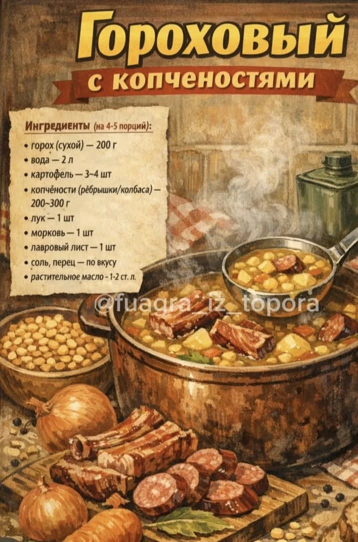 Гороховый с копченостями. Ингредиенты (на 4-5 порций): горох (сухой) – 200 г, вода – 2 л, картофель – 3-4 шт, копчёности (рёбрышки/колбаса) – 200-300 г, лук – 1 шт, морковь – 1 шт, лавровый лист – 1 шт, соль, перец – по вкусу, растительное масло – 1-2 ст. л. @fuagra_iz_topora
