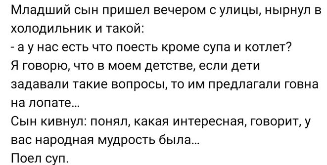 Младший сын пришел вечером с улицы, нырнул в холодильник и такой: - а у нас есть что поесть кроме супа и котлет? Я говорю, что в моем детстве, если дети задавали такие вопросы, то им предлагали говна на лопате... Сын кивнул: понял, какая интересная, говорит, у вас народная мудрость была... Поел суп.