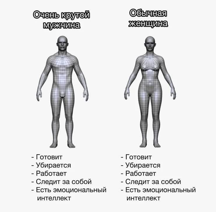 Очень крутой мужчина Обычная женщина - Готовит - Убирается - Работает - Следит за собой - Есть эмоциональный интеллект - Готовит - Убирается - Работает - Следит за собой - Есть эмоциональный интеллект