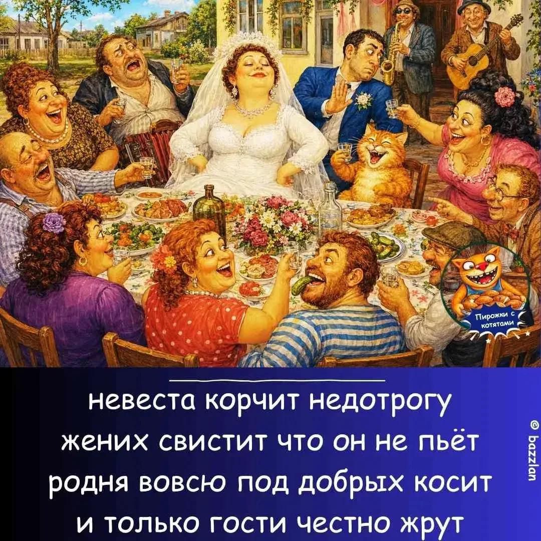 невеста корчит недотрогу жених свистит что он не пьёт родня вовсю под добрых косит и только гости честно жрут Пирожки с котятами