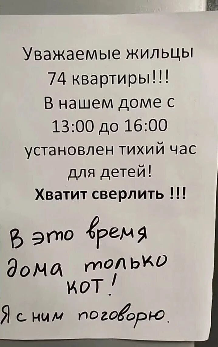 Уважаемые жильцы 74 квартиры!!! В нашем доме с 13:00 до 16:00 установлен тихий час для детей! Хватит сверлить !!! В это время дома только кот! Я с ним поговорю.