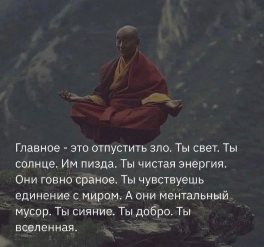 Главное - это отпустить зло. Ты свет. Ты солнце. Им пизда. Ты чистая энергия. Они говно сраное. Ты чувствуешь единение с миром. А они ментальный мусор. Ты сияние. Ты добро. Ты вселенная.